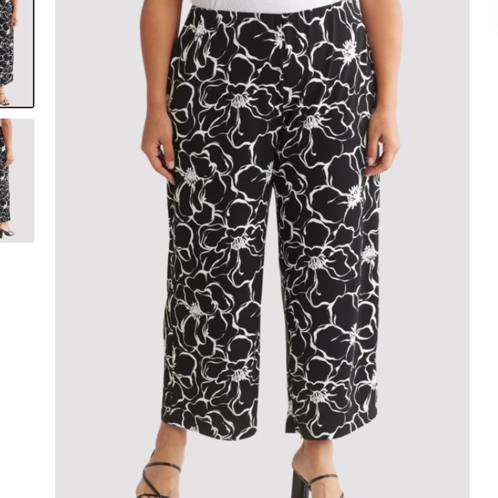 NWT Adrianna Papell 2X Crepe High-Rise Wide Leg Crop Pant Black White Career